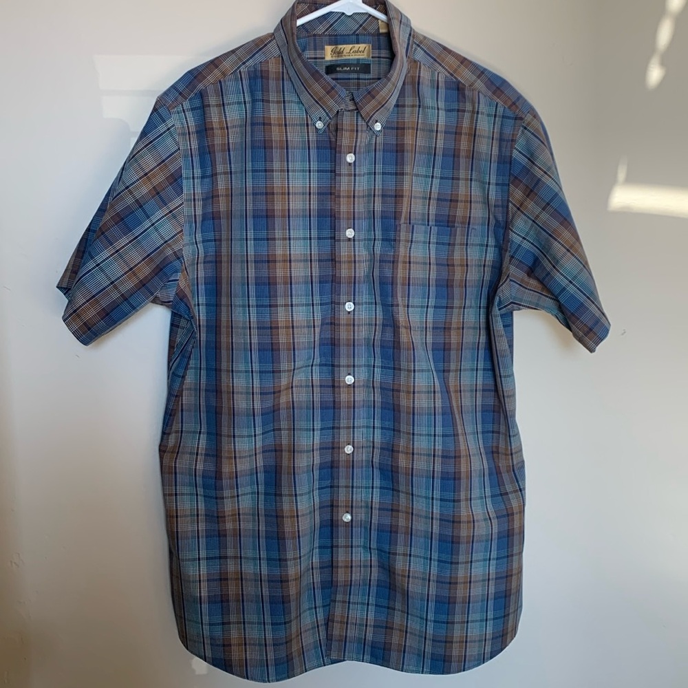 Roundtree and Yorke (Gold Label) Blue Plaid Button Up Short Sleeve Shirt